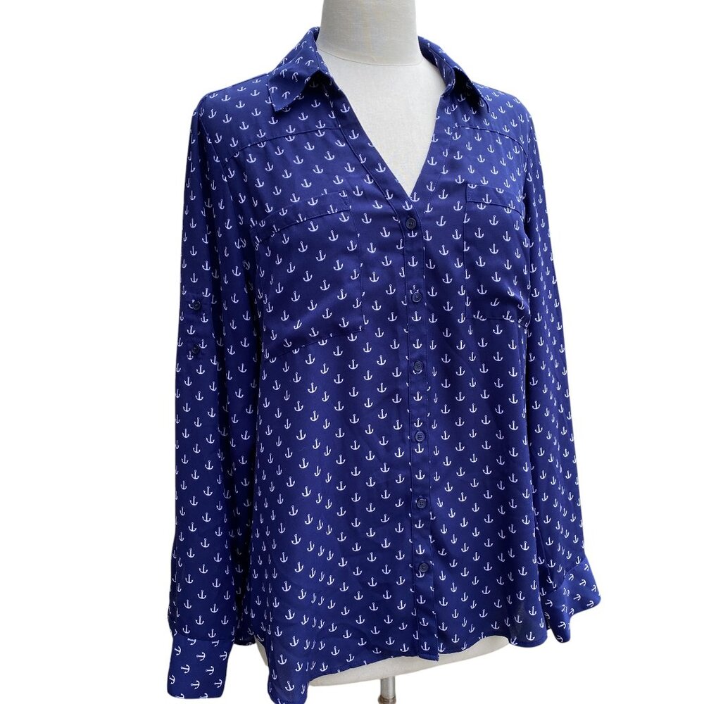 Express The Portofino Shirt Blue Nautical Anchor Print Roll Tab Coastal Preppy-L - Picture 5 of 15